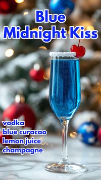 The Blue Midnight Kiss cocktail is an elegant and colorful drink, perfect for celebrating special moments. With a vibrant blue base and the bubbly sparkle of champagne, this cocktail is finished with a sugared rim and a maraschino cherry for a sophisticated touch. via @mybartender