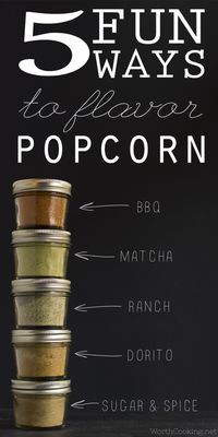 5 Fun Ways to Flavor Popcorn (plus a gift for popcorn lovers) | http://www.worthcooking.net/5-fun-ways-to-flavor-popcorn/