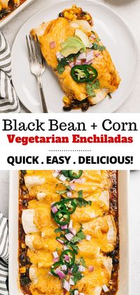 Bringing you the best vegetarian enchiladas recipe! These tasty enchiladas are made with deliciously seasoned black beans, corn, spinach and cheese rolled up in tortillas and topped with red enchilada sauce and plenty of cheese, then baked to perfection. These easy veggie enchiladas are sure to become a family favorite!