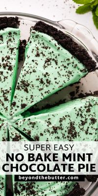 Celebrate St. Patrick's Day and the start of spring with this refreshing No Bake Mint Chocolate Pie! Also known as grasshopper pie, this is a super easy dessert to whip up that has a light and creamy mint filling that's paired with a chocolatey Oreo cookie crust. If you love a good mint chocolate dessert as much as I do, you will fall head over heels for this recipe! Find the full recipe on BeyondtheButter.com.