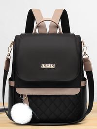 Black Fashionable Collar  Polyamide Colorblock Flap Backpack Embellished   Women Bags