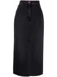 denim pencil skirt from MSGM featuring black, cotton, logo patch to the rear, faded effect, contrast stitching, high waist, front button and zip fastening, classic five pockets and mid-calf length.