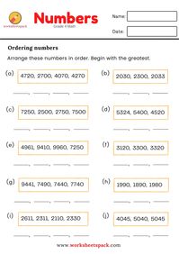 The students will practice the numbers with these free printable ordering numbers worksheets (grade 4 math). #orderingnumbers #numbersworksheets #grade4math #grade4printables #year4worksheets