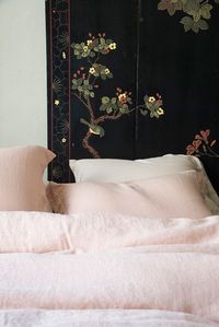 Linen Standard Shams and Queen Duvet Cover in Rouge, Madera Luxe Standard Pillowcases in Pearl