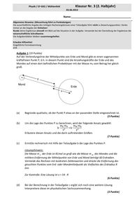 In der ersten Aufgabe geht es inhaltlich um die nahezu kräftefreien Punkte im System Erde-Mond (Berechnung und Interpretation). In der zweiten Aufgabe geht es um Fragestellungen zu einem Modell, in dem sich Erde, Mond und ein geostationärer Satellit befinden.Ein Vorschlag für eine Bepunktung ist vorhanden, ebenso eine ausführliche mögliche Lösung.Die Augaben können auch einzeln als Übungsaufgaben eingesetzt werden.