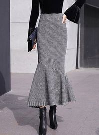 Trendy Woollen Plaid Flouncing Bodycon Skirt