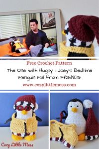 Free amigurumi crochet pattern for an Hugsy, famous Joey's bedtime penguin pal from Friends. All the accessories are removable so you can also do the simple penguin.