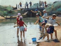 Crabbing from the bridge - Raymond Leech - Southwold Gallery