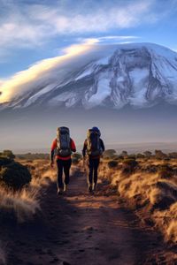 Mount Kilimanjaro, located in Tanzania, is Africa's highest peak and one of the continent's most iconic landmarks. Standing at 5,895 meters (19,341 feet) above sea level, this dormant volcano is famed for its snow-capped summit, which rises majestically above the surrounding savannah.