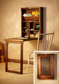 The Murphy Desk is a great collapsible workstation. The space-saving design hangs from the wall and opens to reveal a small storage area behind the door and a table top when folded down. When closed, the Murphy desk transforms into a chalkboard or corkboard - the choice is up to you. Create a home office when you need to and hide it after you've finished to make room for company.