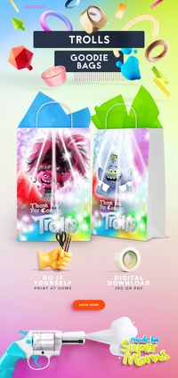 Printable Trolls Goodie Bags. Check our Trolls World Tour birthday party ideas, favors, decorations and everything for Trolls kids' birthday party.    #trolls #trollsbirthday #trollscrafts #trollsparty  #caketoppers #personalized #printables #toppers #birthdaydecorations #birthday #decorations #diy #goodiebag #goodie