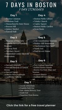 Here is a 7 day Boston itinerary for people looking to spend 7 days in Boston. Click the link for a free travel planner