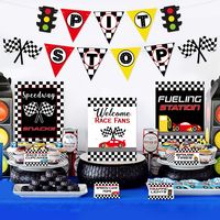 PRICES MAY VARY. Paper GREAT RACE CAR THEME PARTY DECORATIONS - Complete your Race Car party or Hot Wheels Party with these super cool party bar signs and foot tents. This race car snack bar kit is sure to be a hit at your race fan's birthday. PACKAGE INCLUDE - Our kit includes a "Pit Stop" Banner, Welcome Race Fans Sign, Speedway Snacks Sign, Fueling Station Sign and 22 food tents. The colorful race car banners, signs and tent cards will create a racing zone feeling inside your home and bring y