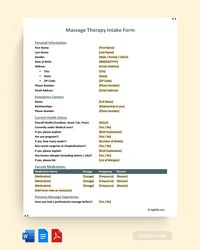 A massage therapy intake form is a document used by massage therapists to collect essential information about a client's medical history, current physical condition, and massage preferences. This form ensures a safe and effective massage therapy session tailored to the client's needs. This free massage therapy intake form can help you in making one.