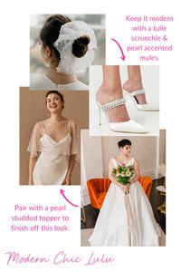 Pearl accents take center stage for this chic and elegant look! Opt for pearl accents on your wedding shoes, and a sheer pearl studded topper for instant modern elegant! Instead of a traditional veil, keep the look modern with a tulle scrunchie.