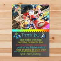 Mario Kart Thank You Card - Mario Kart Birthday Thanks - Mario Kart 8 - Video Game Birthday Favors -