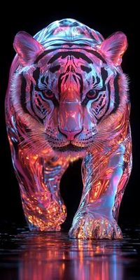 ↑↑↑ Larger size on website 🔸 A tiger rendered in a shimmering, iridescent metallic finish walks across a glossy surface. The tige