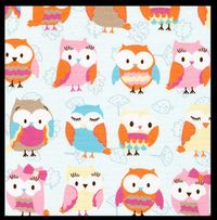 Calypso's Collection whimsical little big-eyed owl fabric; multicolored owls on pale blue- gray ... via Etsy