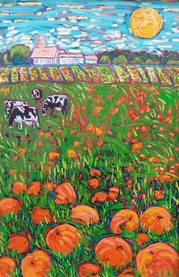 ''COWS IN THE PUMPKIN PATCH!" by susan hale ~ 36 x 24