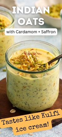 Learn how to make an easy Indian style overnight oats that is healthy, easy, made without yogurt and makes a quick and healthy Indian breakfast recipe. These Indian oats is made with saffron and cardamom and tastes like cardamom ice cream. Get this overnight oats recipe using rolled oats at kitchenathoskins.com.