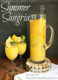 The Sangria goes together in minutes with Gallo Moscato Wine, Orange Juice, Lemonade and Limeade Concentrate thawed, Club Soda and to brighten it up and give it more flavor, oranges, lemons and limes.