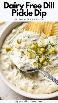 This dairy free dill pickle dip is a delicious version of every pickle lovers dream dip! No sour cream, cream cheese, or dairy needed for a super creamy texture. Perfect for snacking, potlucks, and summer bbq's. Made with raw cashews, coconut aminos, nutritional yeast, dried spices, fresh dill, and plenty of pickles! Dairy free, vegan, paleo, and Whole30 compatible.