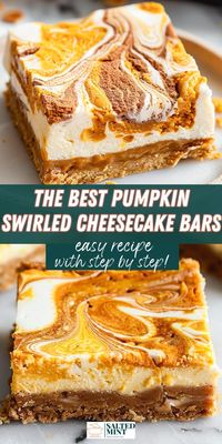 Delicious pumpkin cheesecake swirled with pumpkin pie spice for perfect fall baking. These creamy pumpkin cheesecake bars need no water bath and are ideal for fall dessert recipes.