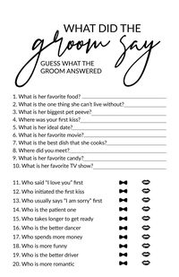 What did the Groom Say?  Play this fun game at any bridal shower!  Easy to print set up on standard size (8 1/2x11) paper.