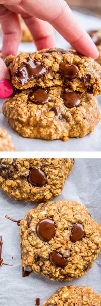 This recipe for healthy oatmeal chocolate chip cookies have NO sugar, NO white flour, and only 2 tablespoons of butter in the whole batch! From The Food Charlatan.