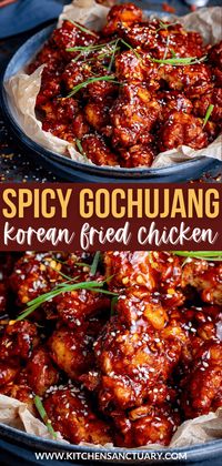 The best Korean Fried Chicken - Crispy coated buttermilk fried chicken smothered in a spicy Korean Gochujang sauce. This stuff is INSANELY good!  #koreanfriedchicken #koreanchicken #friedchicken #spicychicken #buttermilkchicken #gochujang