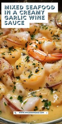 Creamy garlic wine sauce meets a flavorful mix of seafood in this must-try recipe. Serve with pasta, rice, or bread for an unforgettable meal! 🦀🍤🍷