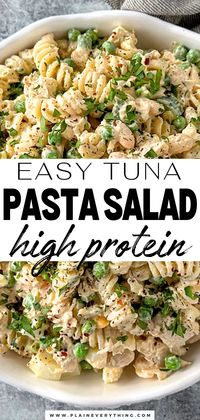 My easy tuna pasta salad recipe is high in protein, delicious, and Can be made in less than 30 minutes! It's just as good after three or four days, making it one of my go-to meal prep recipes! Looking for easy, high-protein meals? You'll love this one! I did a few specific things to pump up the protein in this recipe. I'd love for you to come back and let me know what you think. Enjoy!