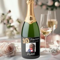 30th Birthday black gold photo Sparkling Wine Label | Zazzle