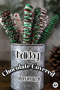 Easy to make and fun to gift, these festive chocolate covered pretzel rods are perfect for any holiday dessert table.