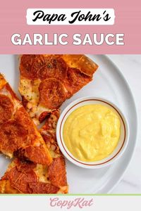 Papa John’s Garlic Sauce is great for pizza and breadsticks. Get the easy copycat recipe and find out how to make the best garlic dipping sauce with 2 simple ingredients. This homemade garlic butter sauce is perfect for any pizza. #garlicsauce #garlicbutter #copycat #copycatrecipe