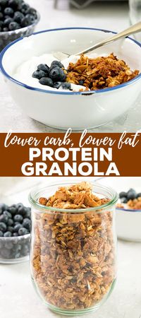 This crispy, crunchy protein granola is lower in fat and sugar, but still a satisfying breakfast or snack—in peanut butter or chocolate variety! #glutenfree #dairyfree #breakfast #weightwatchers