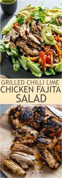 Grilled Chilli Lime Chicken Fajita Salad - Tender and juicy chicken thighs grilled in a chilli lime marinade that doubles as a dressing! Creamy avocado slices, grilled red and yellow peppers, and succulent chicken pieces. Yum!