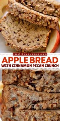 Satisfy your sweet cravings with this delicious fall recipe! This Apple Bread with Cinnamon Pecan Crunch recipe features apple chunks and chopped pecans sprinkled with a cinnamon pecan sugar mixture. Save this for your simple apple recipe for sweet goodness and plenty of texture! 