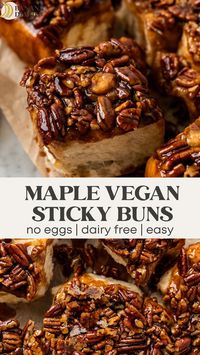 These ooey gooey vegan sticky buns are the real deal! These sticky buns feature a pillowy sweet roll with a gooey brown sugar filling baked with a maple pecan caramel on the bottom that flips on top! You can even make these sticky buns gluten free!