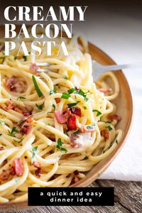 This Creamy Bacon Pasta Recipe is indulgent, scrumptious, and easy to make! Some days dinner just has to be a big bowl of creamy pasta with bacon. Quick to cook and comforting to eat. With its deliciously rich and creamy sauce, this creamy bacon pasta is a must on days like that. Make with easy-to-find ingredients and on the table in under 20 minutes. Serve it with a side salad if you want to feel virtuous or some garlic bread if you really want to indulge!