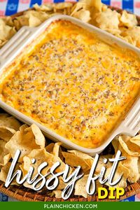 Hissy Fit Dip Recipe - sausage, sour cream, Velveeta, muenster, onion and garlic powder, Worcestershire sauce and parsley - SO good. You will definitely throw a hissy fit if you miss out on this dip! Crazy good! Can mix together and refrigerate a day before baking. Serve with chips and veggies! It is always gone in a flash! #gameday #dip #partyfood #sausage #velveeta