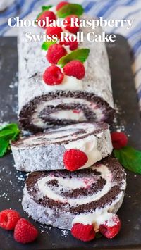 Perfect for the holidays!! Easy Chocolate Raspberry Swiss Roll Cake, with crushed berries and whipped cream filling!  Watch my video tutorial and get the printable recipe, all on my website here (copy and paste link into your browser):  https://tatyanaseverydayfood.com/raspberry-swiss-roll/