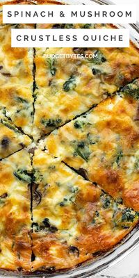 This easy spinach and mushroom crustless quiche is perfect for brunch. The recipe includes step by step photos to make it easier than ever! BudgetBytes.com