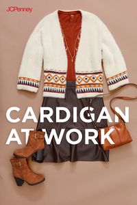 Give your work-wear layers a cozy boost with a cute cardigan. Dress it up with a fitted tee and faux leather skirt to balance the flowy shape. Top the look with neutral accessories and you’re all set!