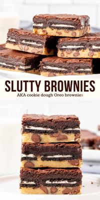 These slutty brownies are the most over-the-top dessert you'll ever try. They have a soft and chewy chocolate chip cookie base, a layer of Oreo cookies, and fudgy brownie on top! This recipe is 100% from scratch and definitely the most indulgent brownie recipe around. While I personally don't love the name - these layered brownies have everything you could want in one dessert. #brownies #cookiedough #oreo #chocolate #sluttybrownies #homemade from Just So Tasty