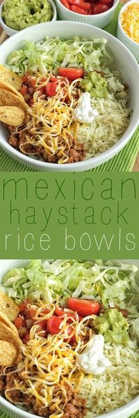 Mexican haystack rice bowls are a tex-mex lovers dream! Cilantro lime rice, seasoned beef, and then piled high with all your favorite toppings!