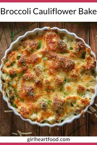 If you're looking for a simple and ultra comforting side dish, then this cheesy broccoli cauliflower bake is a must try! Broccoli and cauliflower florets are coated in a creamy white sauce, topped with cheese and bread crumbs and baked until bubbly, cheesy and delicious! This vegetable au gratin is sure to be a favourite! #broccolicauliflowerbake #broccolicauliflowercasserole #broccoliaugratin #caulifloweraugratin #broccolicaulifloweraugratin #cheesybroccoli #sidedish