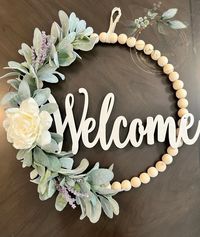 Wood Bead Wreath Welcome Wreath Lambs Ear Leaves Wreath - Etsy