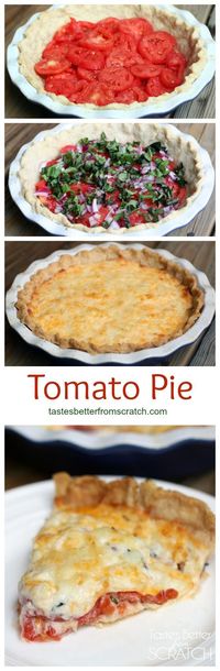 Tomato Pie- a savory summertime pie with layers of fresh tomatoes, fresh basil, and a delicious cheese mixture. #tomato #pie