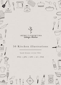 This bundle includes 50 unique Kitchen illustrations which you can use for logos, recipe cards, stationery, patterns and much more. This design kit is drawn in Illustrator, vector based and high quality.